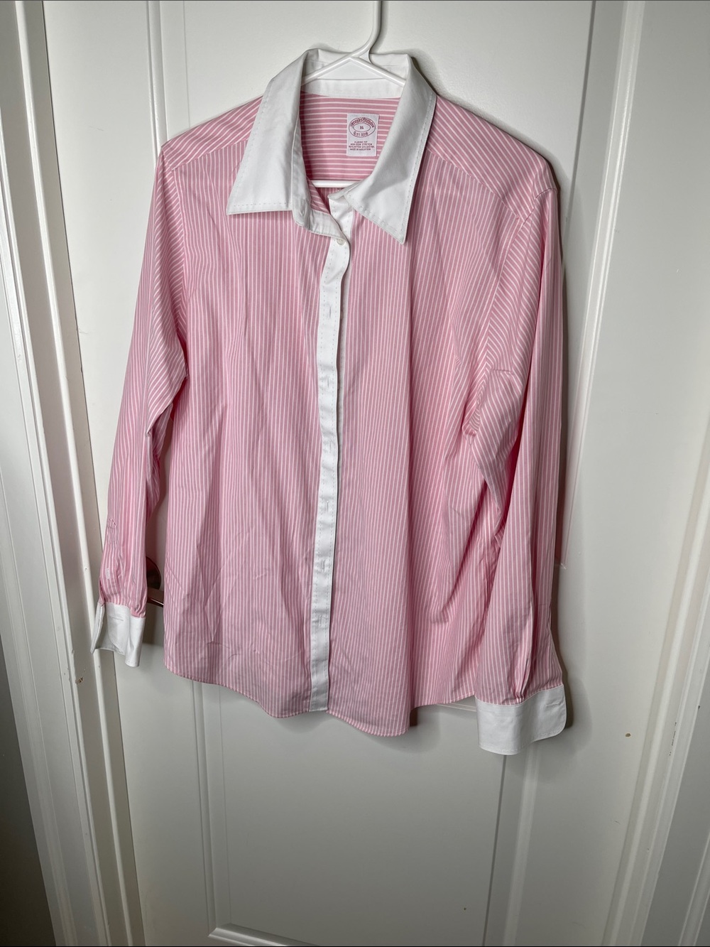 Brooks Brothers Pink and White Striped Contrast-Collar Button-Down Shirt